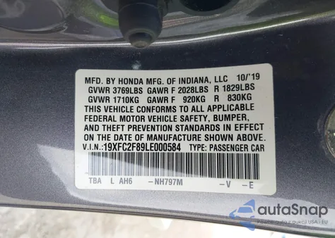 2020 Honda Civic Sport from USA, damaged, VIN 19XFC2F89LE000584